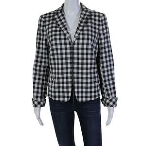 Akris Punto Womens Wool Checkered Collared Clasp Jacket Blue White Size 12